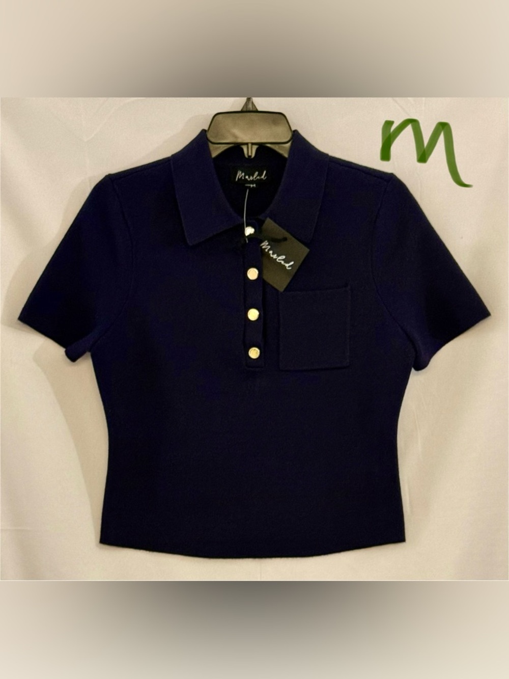Marled Navy Short Sleeve Polo with Gold-Tone Buttons
